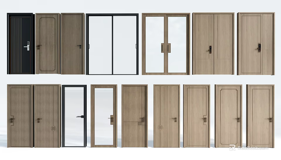 Various Interior Doors With Wooden Glass Panel And Different Design Styles 3d model