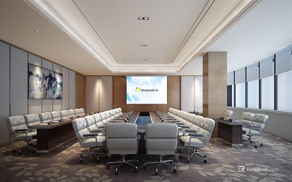 Modern Conference Room With Long Table Chairs Projector Screen Artwork And Large Windows 3d model