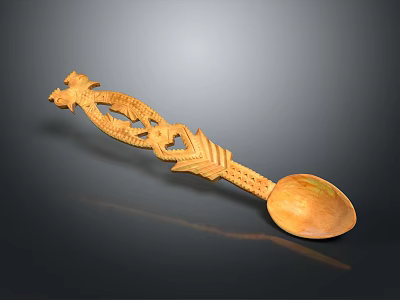 Wooden Carved Spoon with Intricate Dragon Pattern and Decorative Handle Design 3d model