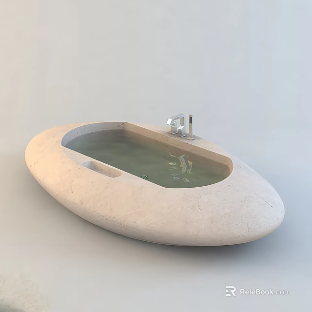 Freestanding Oval Shaped Stone Bathtub With Silver Faucet And Water 3d model 