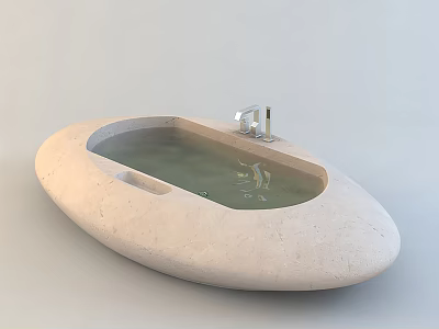 Freestanding Oval Shaped Stone Bathtub With Silver Faucet And Water 3d model