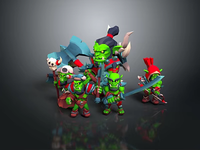 3D Rendered Green Goblin Orc Characters With Axes Swords And Colorful Hats Outfits 3d model