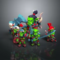 3D Rendered Green Goblin Orc Characters With Axes Swords And Colorful Hats Outfits