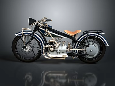 Vintage Classic Motorcycle With Black Blue Body Brown Leather Seat And Chrome Details 3d model