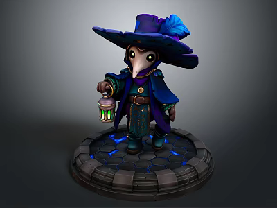 Detailed Fantasy Wizard Statue With Feathered Hat Cloak Lantern And Blue Glowing Base 3d model