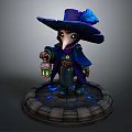 Detailed Fantasy Wizard Statue With Feathered Hat Cloak Lantern And Blue Glowing Base