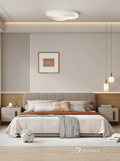 Modern Bedroom Interior With Beige Walls Striped Curtains Gray Headboard Multiple Pillows And Framed Art 3d model 