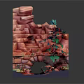 Cartoon Style Scenic Landscape With Rock Waterfall Stream Trees And Green Grass
