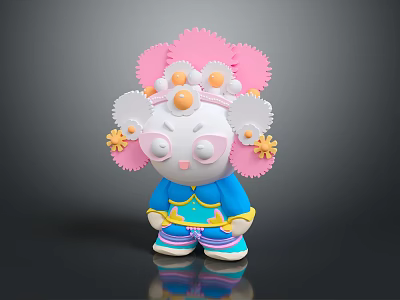 Cute Cartoon Panda Character With Pink Flower Headdress Yellow Floral Decorations And Blue Outfit 3d model