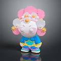 Cute Cartoon Panda Character With Pink Flower Headdress Yellow Floral Decorations And Blue Outfit