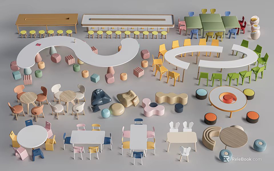 Colorful Kids Table And Chair Sets With Various Designs For Play And Study 3d model 