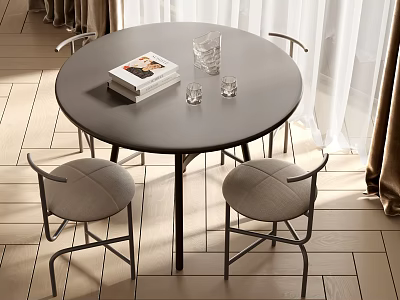 Modern Black Round Dining Table Set With Four Gray Upholstered Metal Frame Chairs 3d model