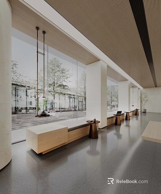 Modern Spacious Leisure Area Featuring Large Windows Trees View Wooden Benches And Round Tables 3d model 