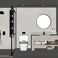 Modern Bathroom Interior With Glass Shower Round Mirror White Toilet And Vanity Sink