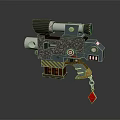 Futuristic Mechanical Weapon With Telescopic Sight Metallic Body Yellow Black Stripes And Dangling Red Gem 3d model