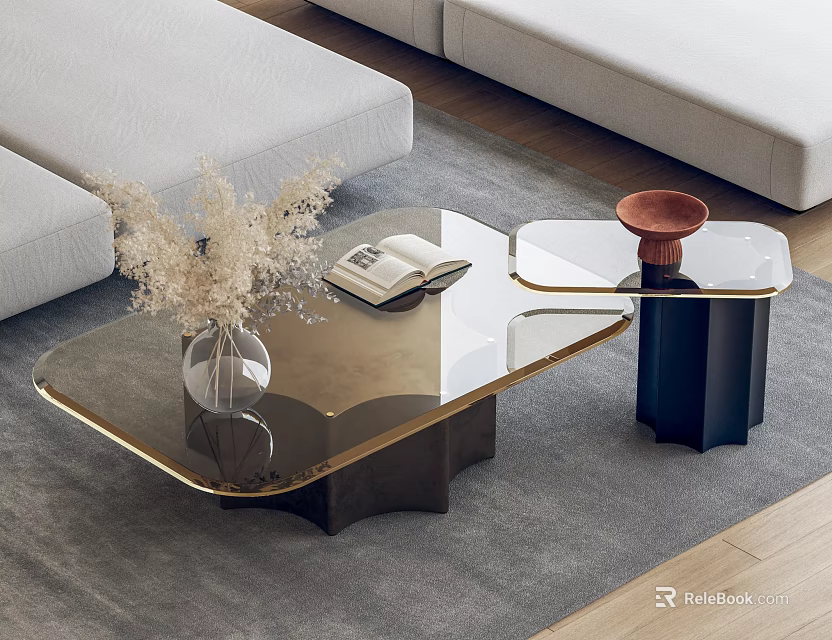 Modern Glass Coffee Table With Metal Frame Vase And Book Near Sofa In Living Room 3d model 