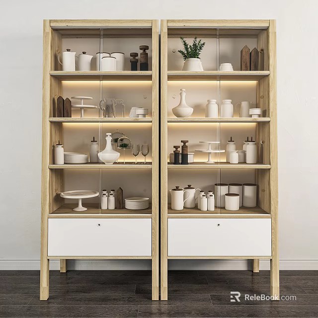 Modern Wooden Sideboard With Open Shelves Displaying White Tableware Vases And Decorative Plant 3d model 