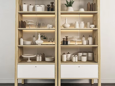 Modern Wooden Sideboard With Open Shelves Displaying White Tableware Vases And Decorative Plant 3d model