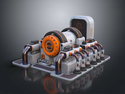 Industrial Mechanical Equipment With Gray Body Orange Circular Components Pipes And Control Panel 3d model