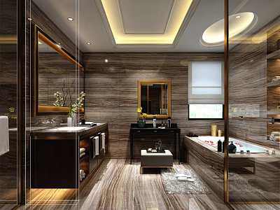 Luxury Modern Bathroom Interior Design With Natural Marble Textures And Comfortable Large Soaking Bathtub 3d model