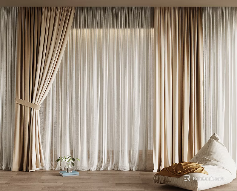 Elegant Beige Curtains With White Sheer Panels And Decorative Tiebacks In Living Room 3d model 