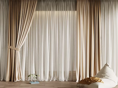 Elegant Beige Curtains With White Sheer Panels And Decorative Tiebacks In Living Room 3d model