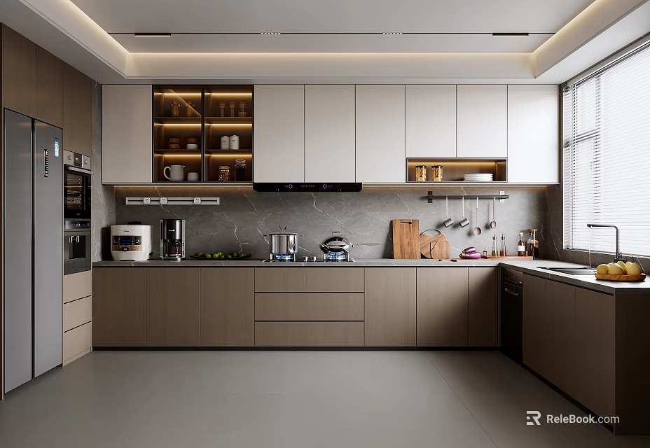 Modern Kitchen Interior Design With Upper Lower Cabinets Countertop And Appliances 3d model 