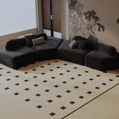 Black Three Seater Sofa in Living Room with Beige Black Diamond Pattern Rug and Wall Painting 3d model