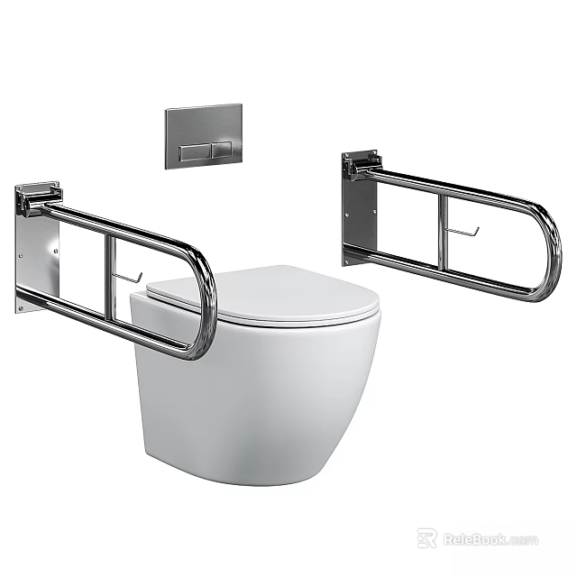 Modern White Toilet With Wall Mounted Grab Bars And Flush Panel 3d model