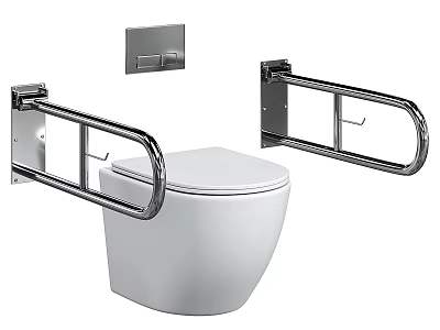 Modern White Toilet With Wall Mounted Grab Bars And Flush Panel 3d model