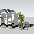 Modern Public Pavilion With Arched Design Green Plants Information Service Rest Benches And Blue Floor