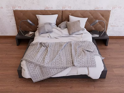 Double Bed With Brown Upholstered Headboard White Pillows Gray Cushions Gray Knitted Blanket And Black Nightstands 3d model