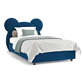 Cozy Blue Upholstered Kids Bed with Mickey Mouse Ear Shaped Headboard and White Bedding