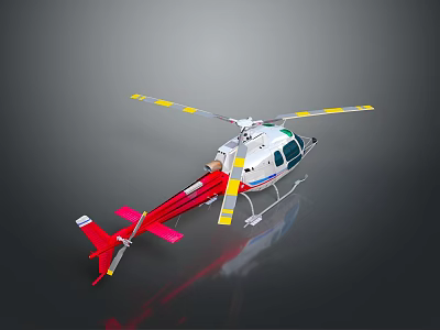 Red and White Utility Helicopter with Yellow Striped Rotors and Tail Design 3d model