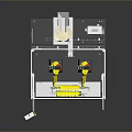 Industrial Automated Equipment With Yellow Robotic Arms Blue Panels And Control Panel