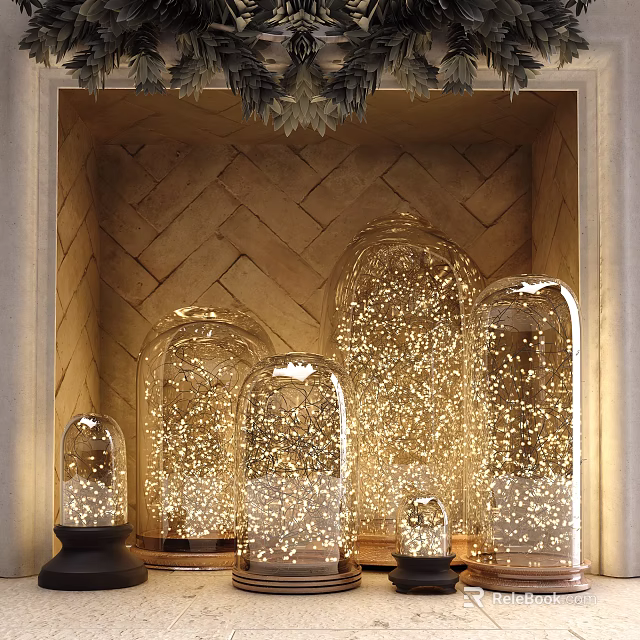 Decorative Ornament Set With Glass Cloches And Glowing Particles On Woven Texture Wall 3d model 