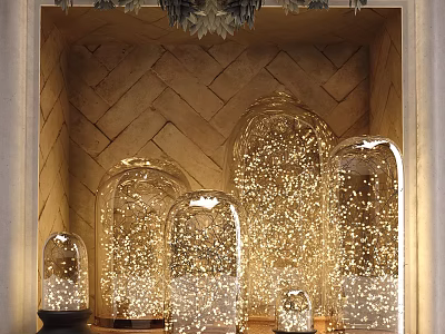 Decorative Ornament Set With Glass Cloches And Glowing Particles On Woven Texture Wall 3d model