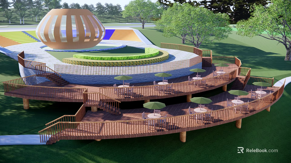 Park Landscape Featuring Circular Wooden Structure Multi tiered Platform Tables Chairs Umbrellas Green Lawn And Trees 3d model 