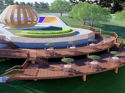 Park Landscape Featuring Circular Wooden Structure Multi tiered Platform Tables Chairs Umbrellas Green Lawn And Trees 3d model
