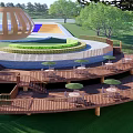 Park Landscape Featuring Circular Wooden Structure Multi tiered Platform Tables Chairs Umbrellas Green Lawn And Trees