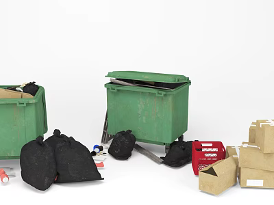 Garbage Collection Scene With Green Bins Black Trash Bags Cardboard Boxes And Red Basket 3d model