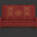 Red Multi Seat Sofa with Traditional Orange Ornate Patterns and Wooden Legs