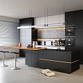 Modern Kitchen Interior With Black Cabinets Island Counter Pendant Lights And Appliances