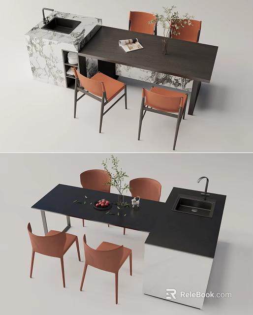 Modern Dining Table Set With Black Countertop Orange Chairs And Marble Backdrop 3d model