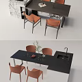 Modern Dining Table Set With Black Countertop Orange Chairs And Marble Backdrop 3d model