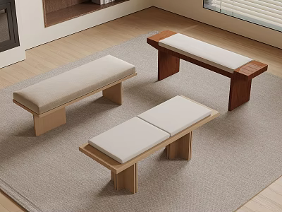 Modern Benches With Wooden Frames And Light Colored Cushions In Indoor Space On Carpet 3d model