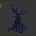 Cartoon Scene of Twisted Tree with Tangled Branches and Brown Roots on Gray Background