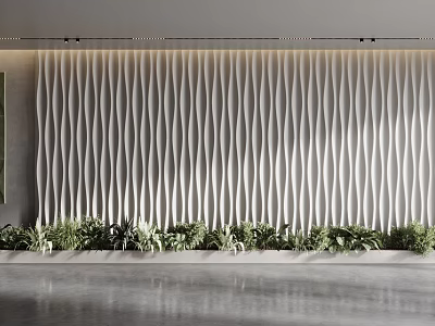 Modern Light Gray Wavy Vertical Striped Background Wall With Green Plants And Recessed Lighting 3d model
