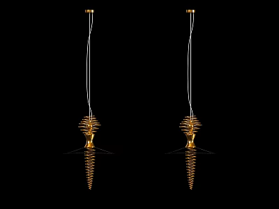 Two Golden Spiral Shaped Pendants With White Cords On Black Background And Bottom Reflections 3d model
