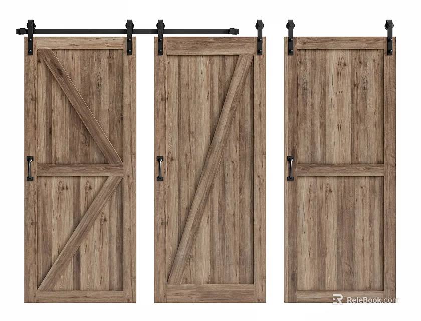 Rustic Wooden Barn Doors With Metal Sliding Hardware And Diagonal Panel Design For Interior Spaces 3d model 